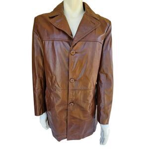 Vintage London Fog Brown Leather Car Coat Jacket 40L Long Faux Fur Lining Taiwan